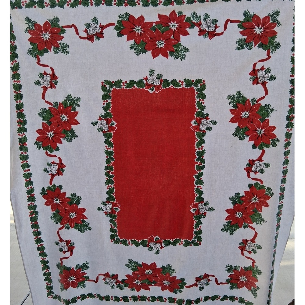 Vintage Mid Century Poinsettia Jingle Bell Cotton Tablecloth Retro Holiday 48x56 - Picture 2 of 9